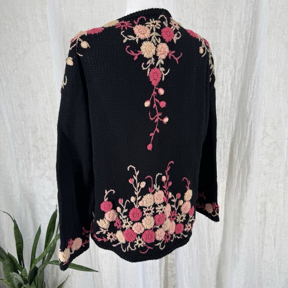 Vtg Elsie Tu Cardigan Sweater L Cottage Whimsigoth Grandma Chunky Hand Embroider - Picture 4 of 6